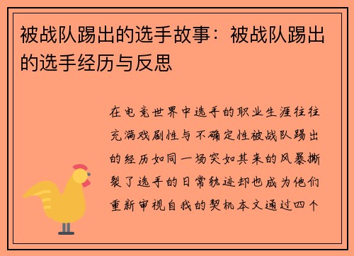 被战队踢出的选手故事：被战队踢出的选手经历与反思