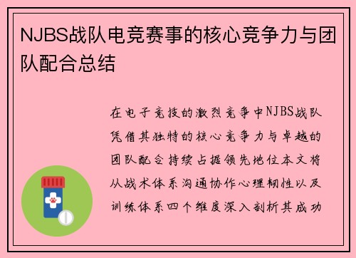 NJBS战队电竞赛事的核心竞争力与团队配合总结